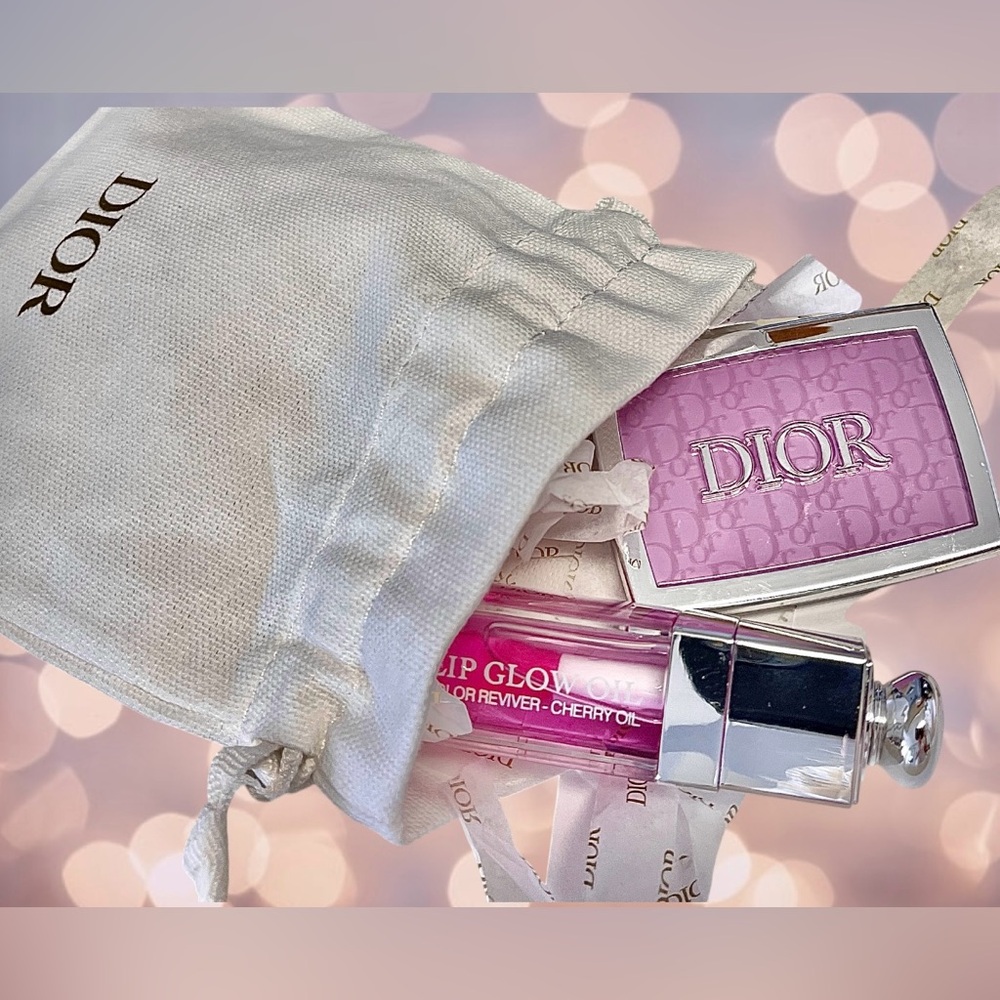 Dior 3 Pc New Pink Lilac Lip Addict Gloss/Glow Oil&RosyGlow PowderBlush +DustBag